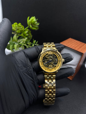 AUTOMATIC GOLDEN SKELETON DIAL WITH STAINLESS STEEL CHAIN MEN's WATCH