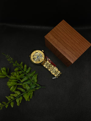 AUTOMATIC GOLDEN SKELETON DIAL WITH STAINLESS STEEL CHAIN MEN's WATCH