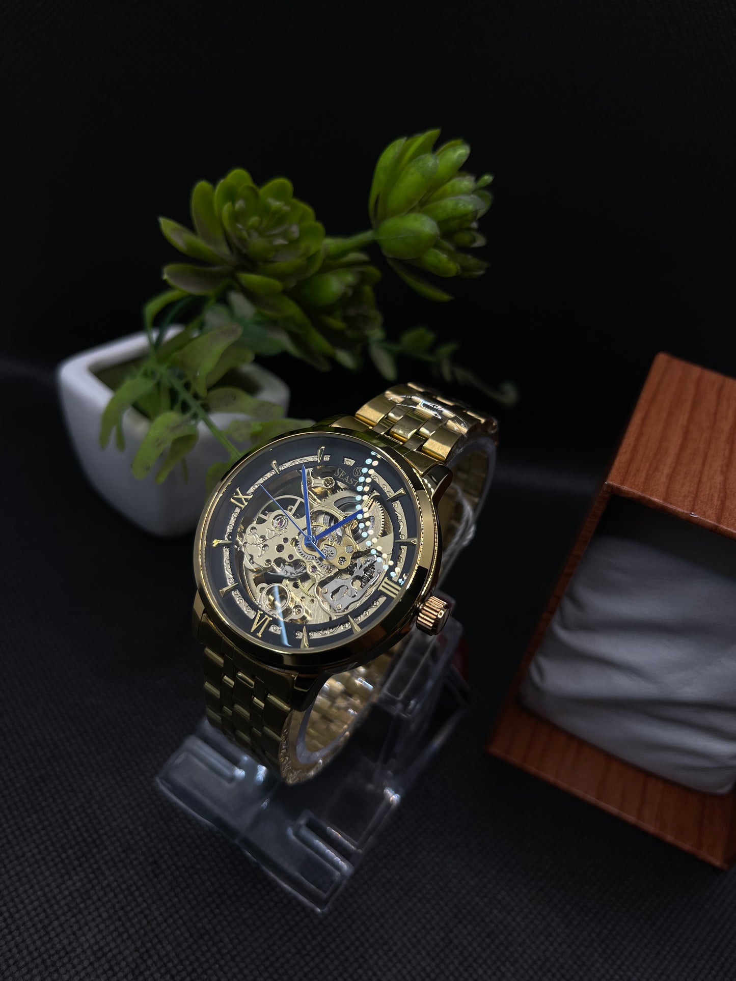 AUTOMATIC SKELETON BLACK DIAL WITH STAINLESS STEEL CHAIN MEN's WATCH