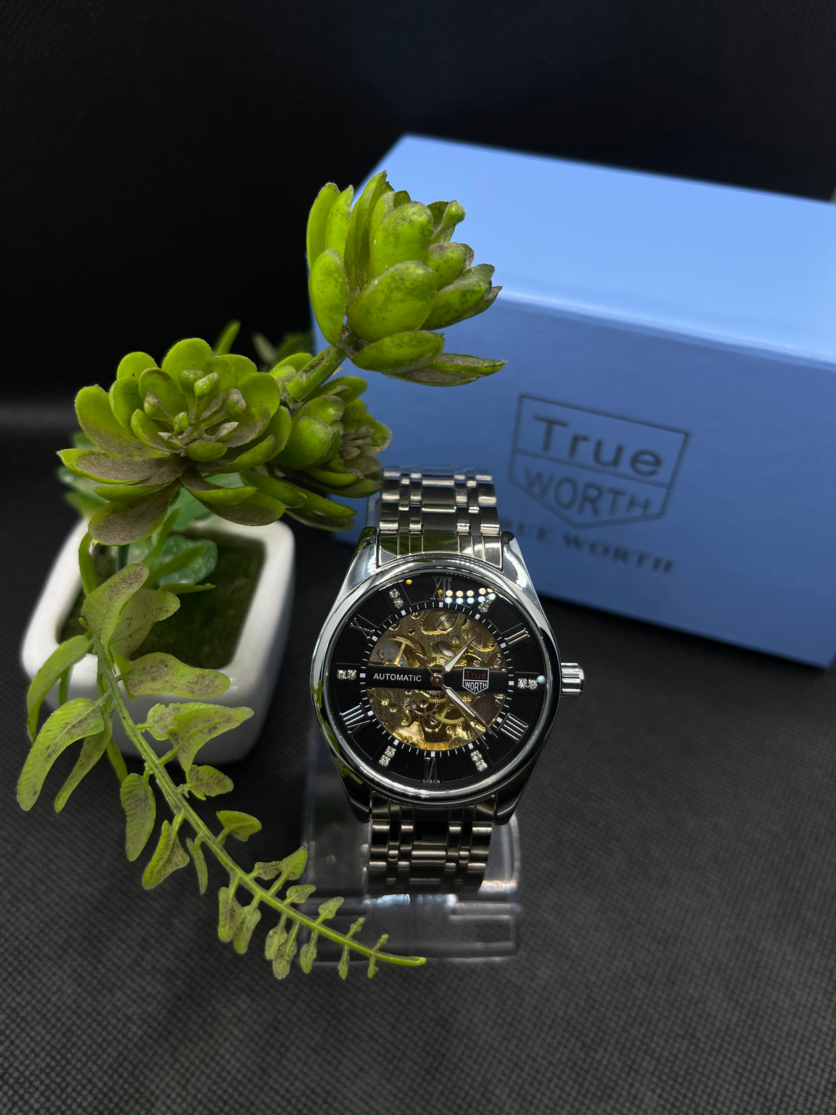 TW ROMAN COUNT AUTOMATIC SKELETON BLACK DIAL WITH SILVER STEEL CHAIN MEN's WATCH