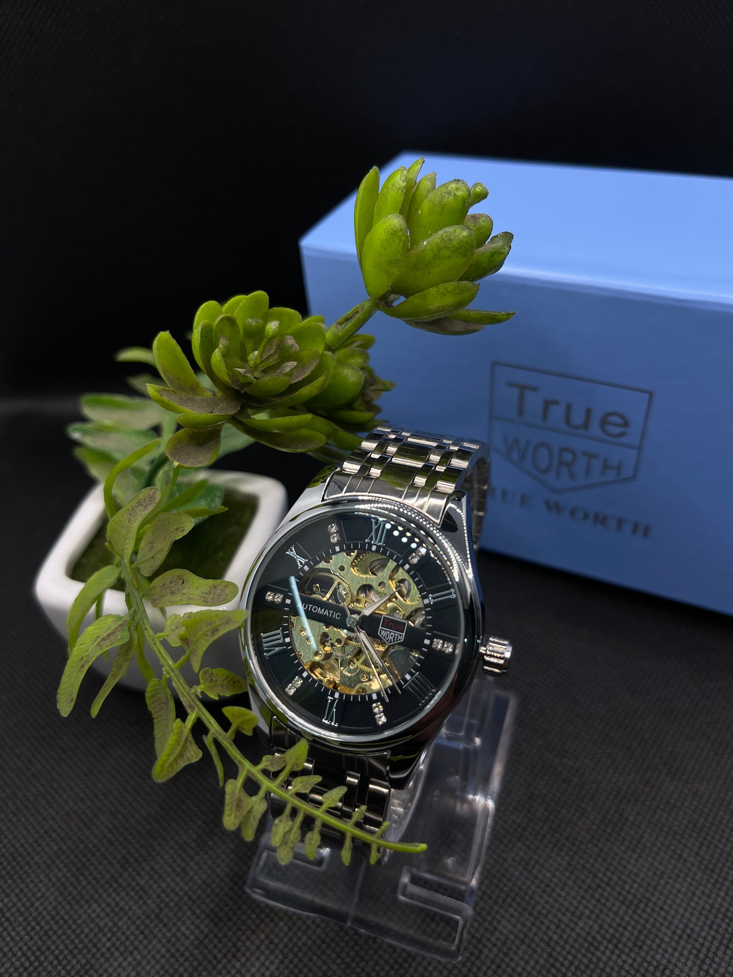 TW ROMAN COUNT AUTOMATIC SKELETON BLACK DIAL WITH SILVER STEEL CHAIN MEN's WATCH