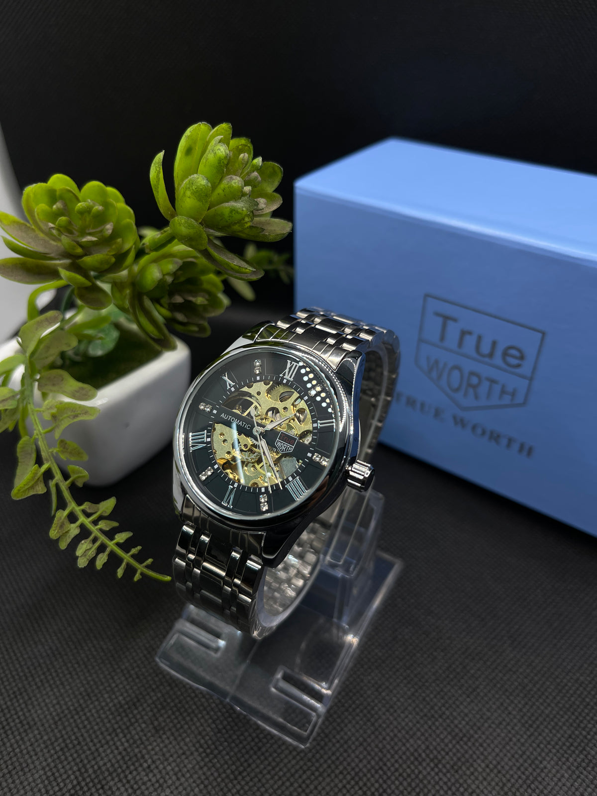 TW ROMAN COUNT AUTOMATIC SKELETON BLACK DIAL WITH SILVER STEEL CHAIN MEN's WATCH