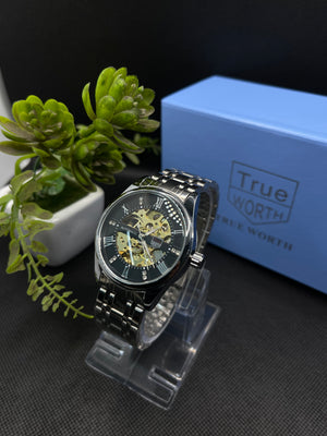 TW ROMAN COUNT AUTOMATIC SKELETON BLACK DIAL WITH SILVER STEEL CHAIN MEN's WATCH