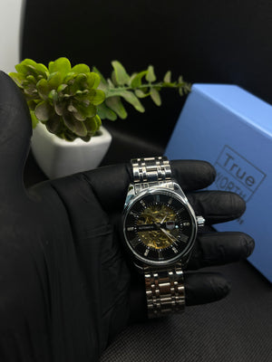 TW ROMAN COUNT AUTOMATIC SKELETON BLACK DIAL WITH SILVER STEEL CHAIN MEN's WATCH