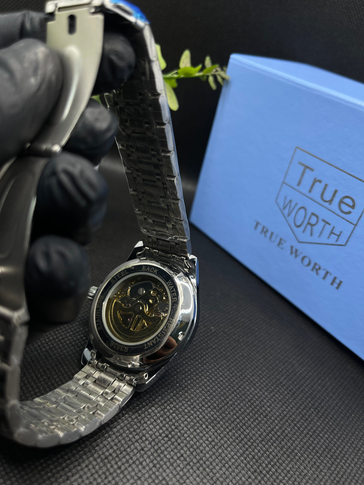 TW ROMAN COUNT AUTOMATIC SKELETON BLACK DIAL WITH SILVER STEEL CHAIN MEN's WATCH