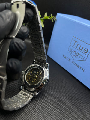 TW ROMAN COUNT AUTOMATIC SKELETON BLACK DIAL WITH SILVER STEEL CHAIN MEN's WATCH