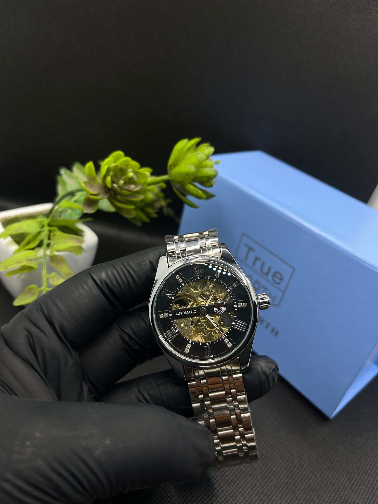 TW ROMAN COUNT AUTOMATIC SKELETON BLACK DIAL WITH SILVER STEEL CHAIN MEN's WATCH