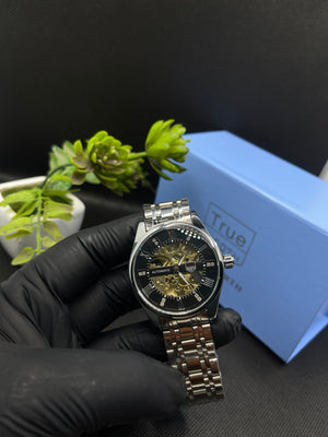 TW ROMAN COUNT AUTOMATIC SKELETON BLACK DIAL WITH SILVER STEEL CHAIN MEN's WATCH