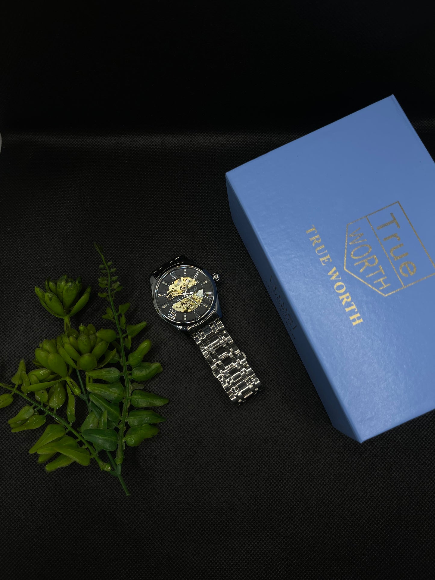 TW ROMAN COUNT AUTOMATIC SKELETON BLACK DIAL WITH SILVER STEEL CHAIN MEN's WATCH