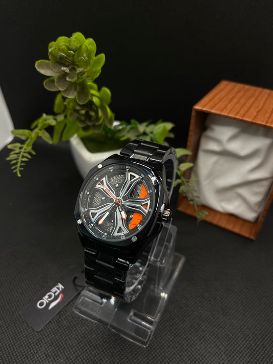 KEGIO UNIQUE SPINNER WHEEL ORANGE DIAL WITH METAL CASE AND STAINLESS STEEL CHAIN
