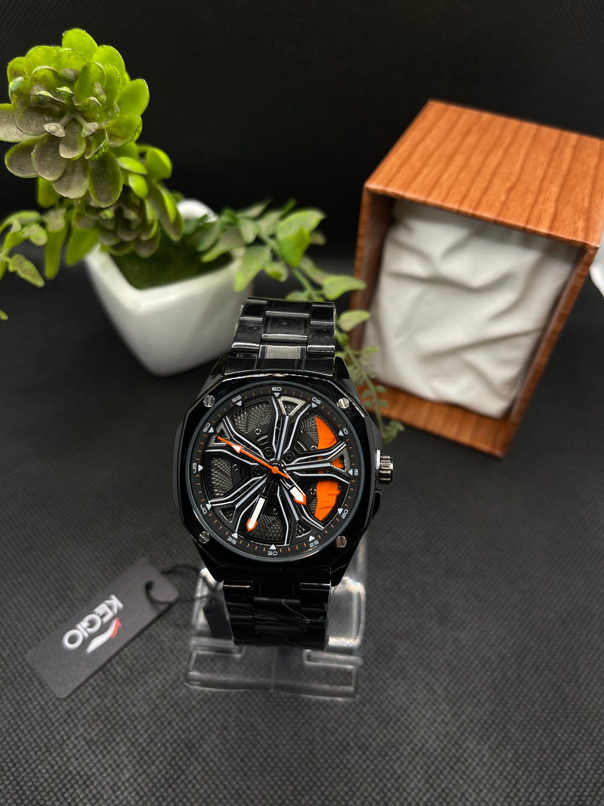KEGIO UNIQUE SPINNER WHEEL ORANGE DIAL WITH METAL CASE AND STAINLESS STEEL CHAIN