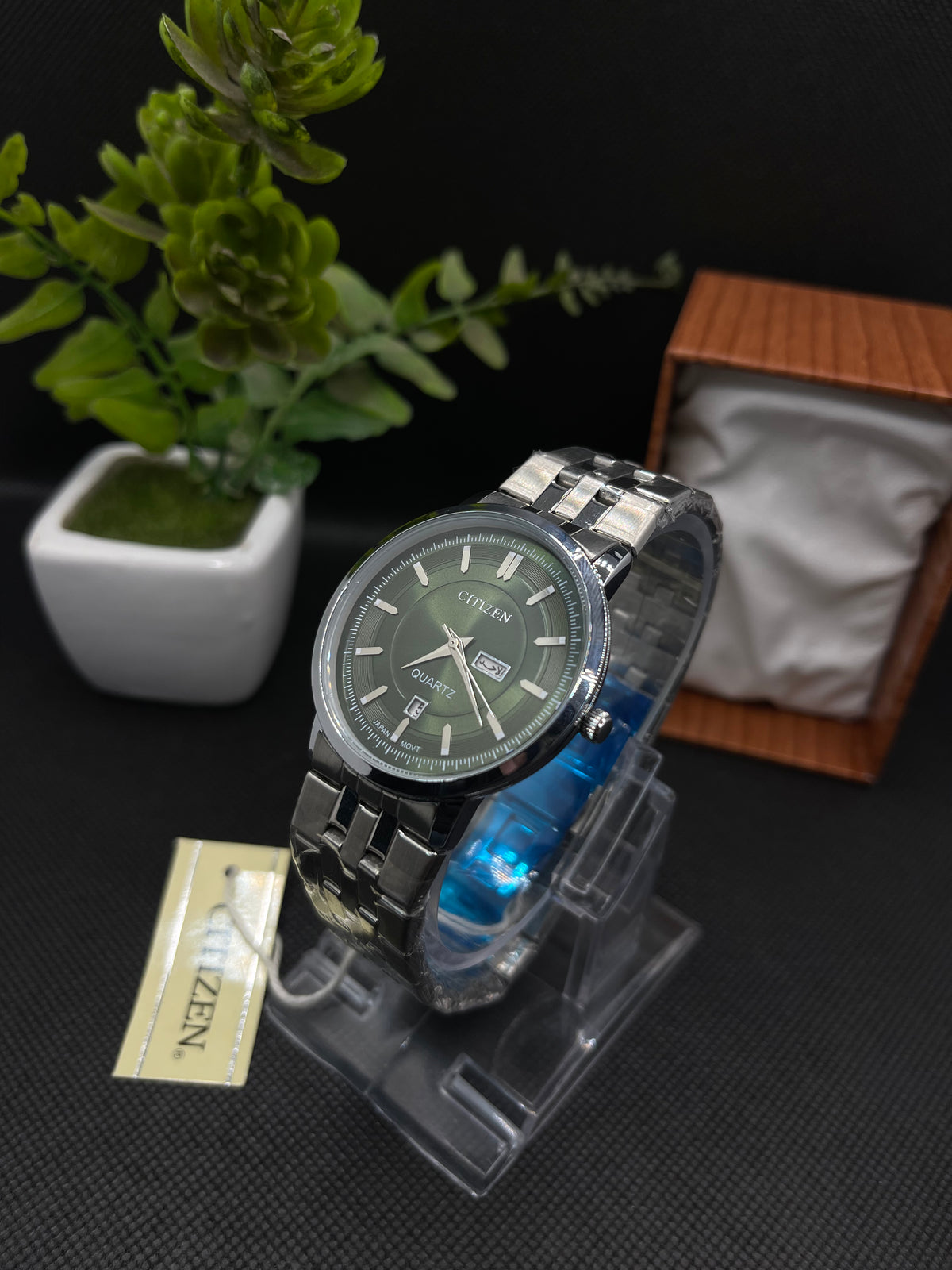 CITIZEN CLASSIC SLIM GREEN DIAL WITH DAY AND DATE IN STAINLESS STEEL