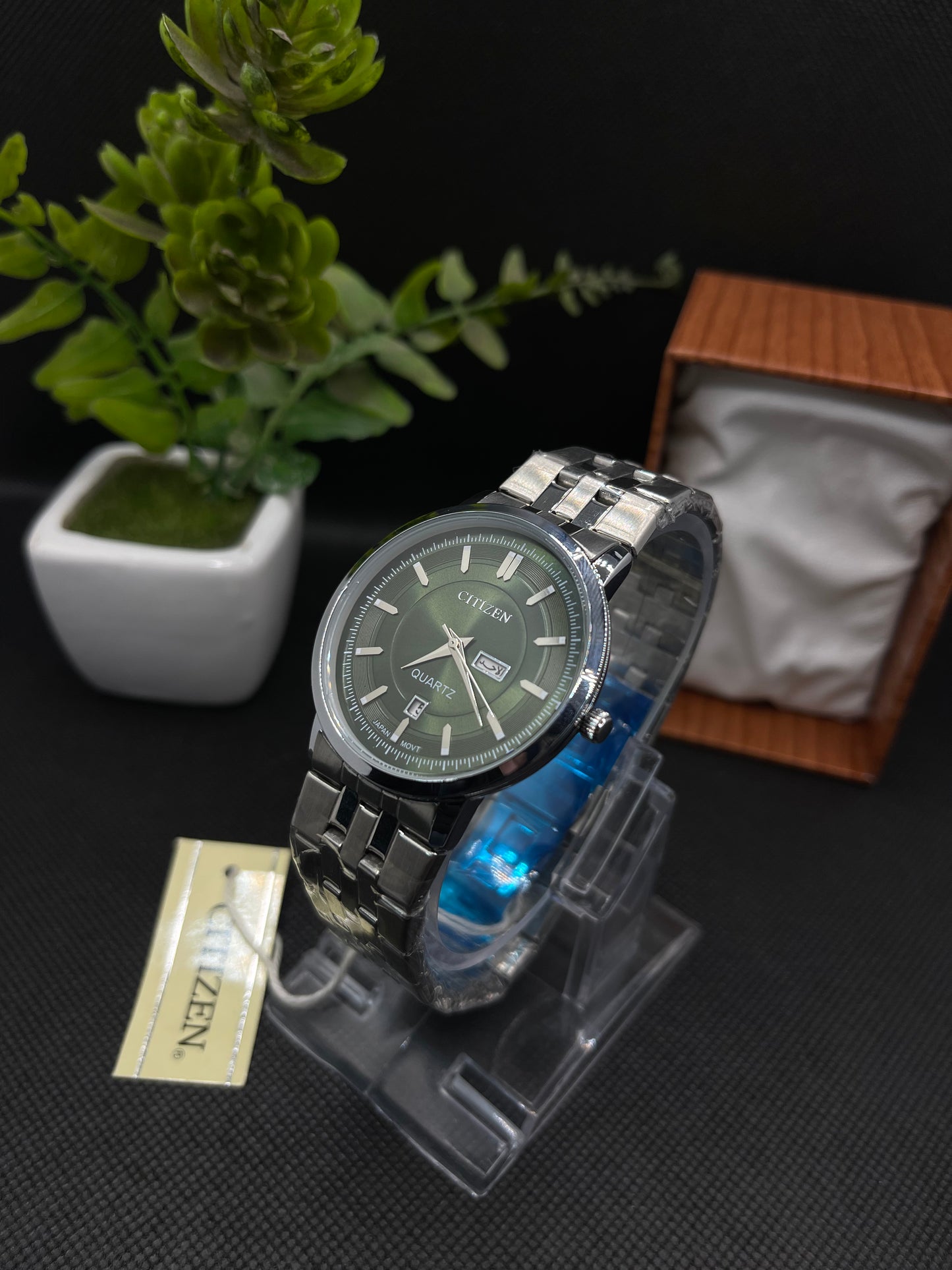 CITIZEN CLASSIC SLIM GREEN DIAL WITH DAY AND DATE IN STAINLESS STEEL