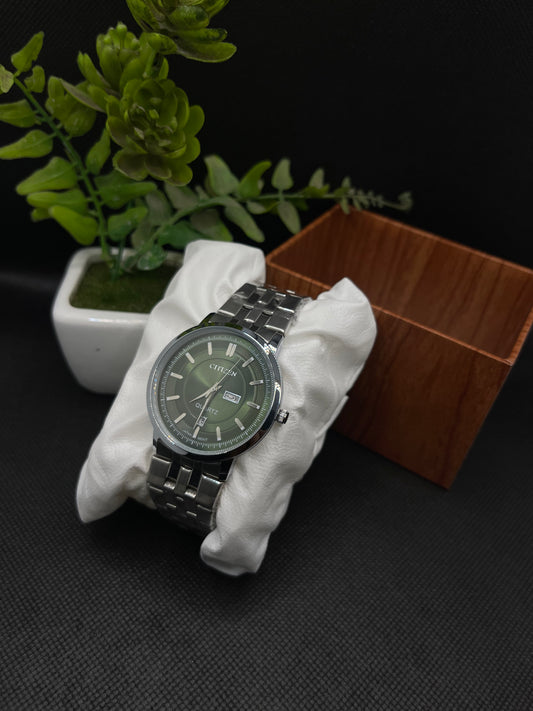 CITIZEN CLASSIC SLIM GREEN DIAL WITH DAY AND DATE IN STAINLESS STEEL