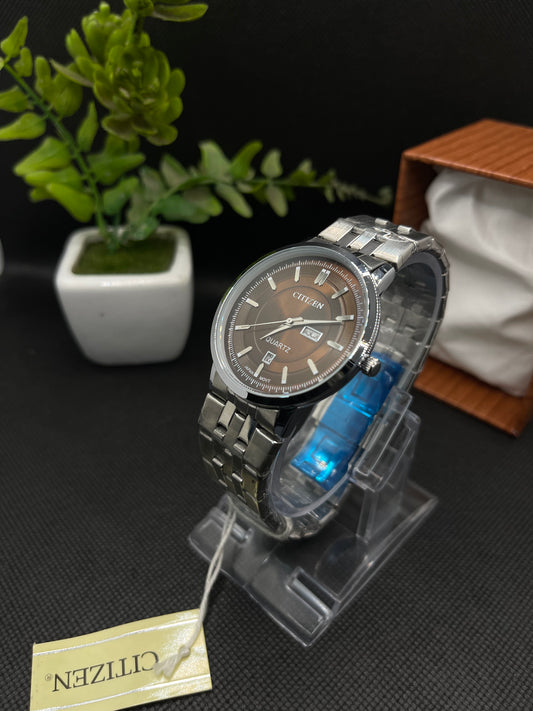 CITIZEN CLASSIC SLIM BROWN DIAL WITH DAY AND DATE IN STAINLESS STEEL