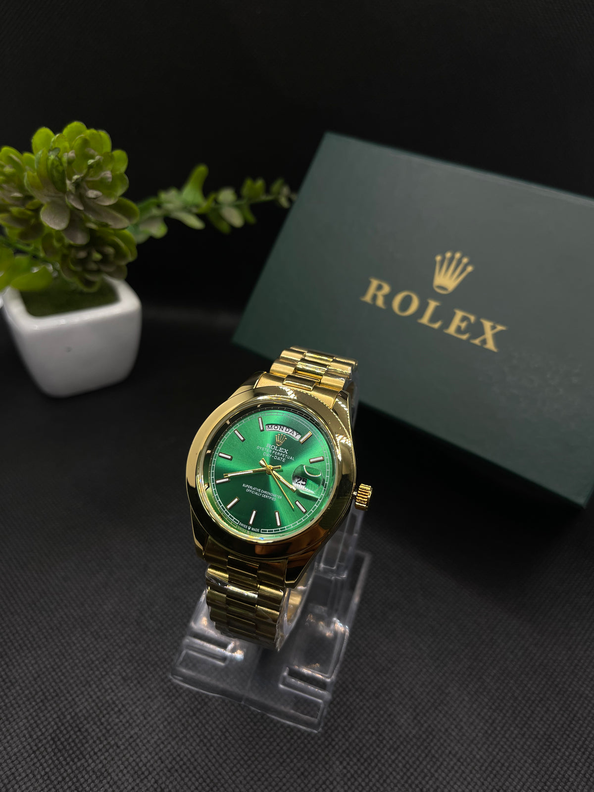 RLX GREEN DIAL DAY-DATE WATCH WITH GOLD STAINLESS CASE AND CHAIN