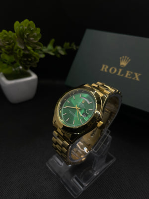RLX GREEN DIAL DAY-DATE WATCH WITH GOLD STAINLESS CASE AND CHAIN