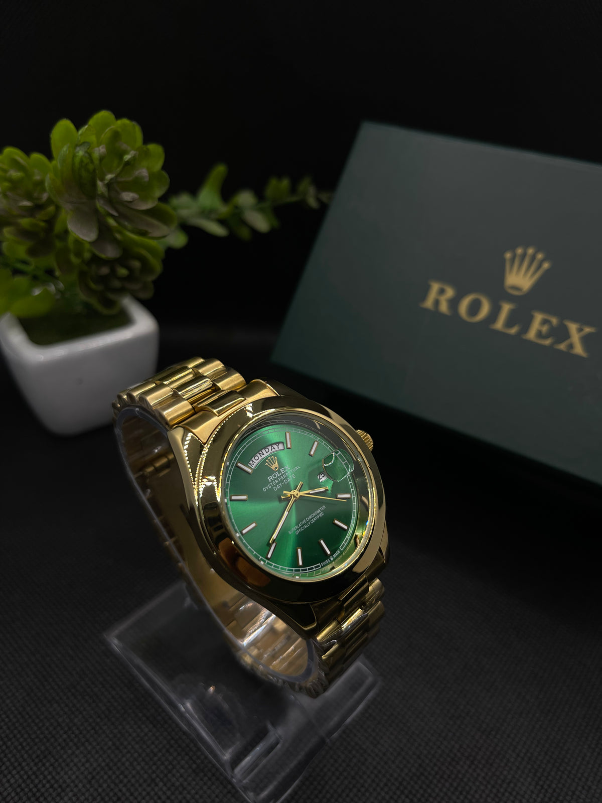 RLX GREEN DIAL DAY-DATE WATCH WITH GOLD STAINLESS CASE AND CHAIN