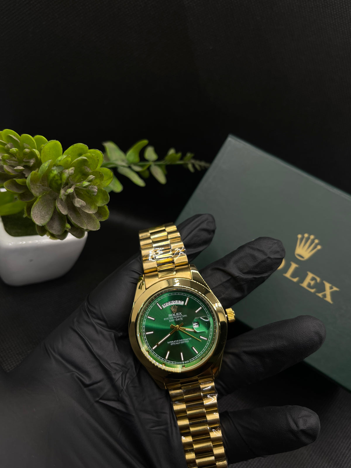RLX GREEN DIAL DAY-DATE WATCH WITH GOLD STAINLESS CASE AND CHAIN