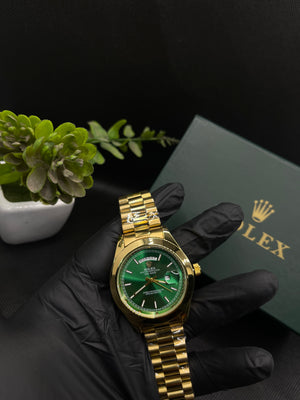 RLX GREEN DIAL DAY-DATE WATCH WITH GOLD STAINLESS CASE AND CHAIN