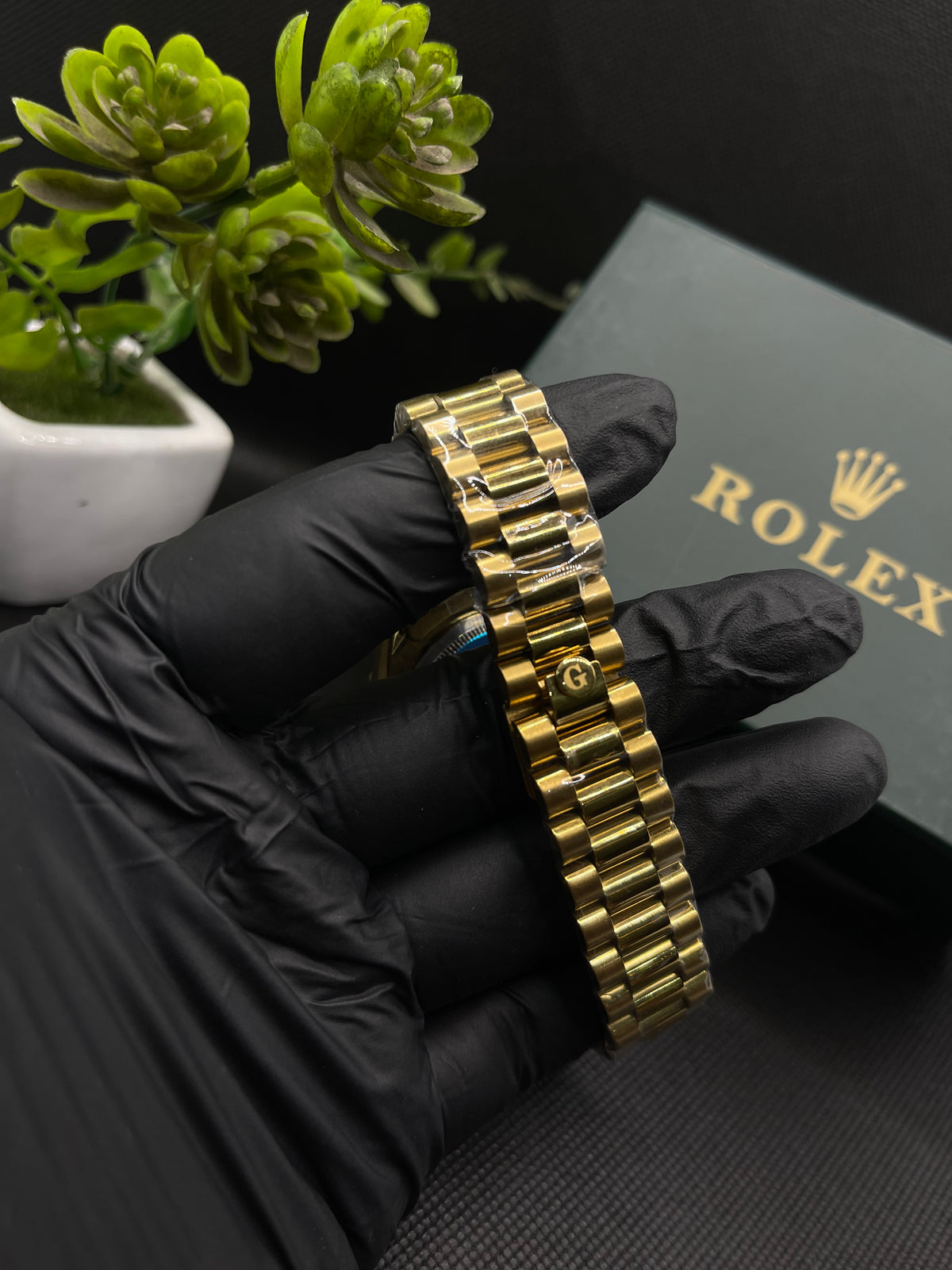 RLX GREEN DIAL DAY-DATE WATCH WITH GOLD STAINLESS CASE AND CHAIN