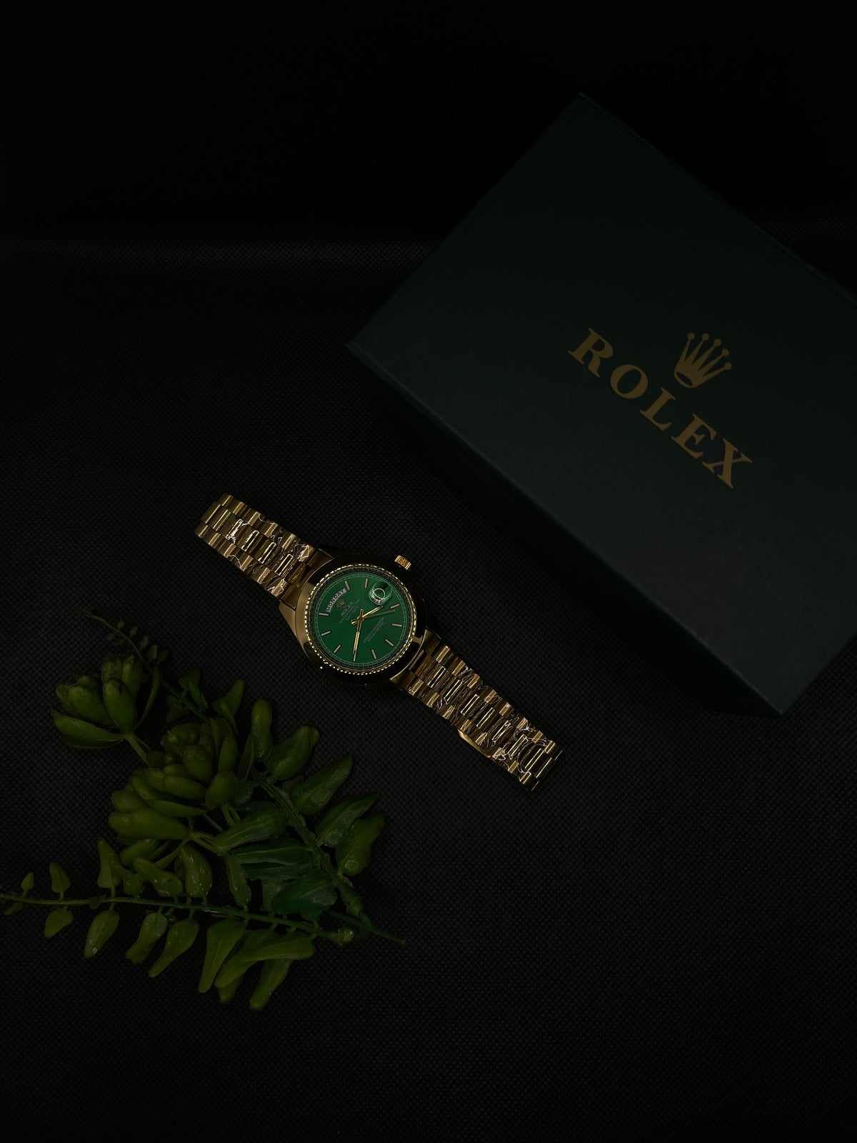RLX GREEN DIAL DAY-DATE WATCH WITH GOLD STAINLESS CASE AND CHAIN