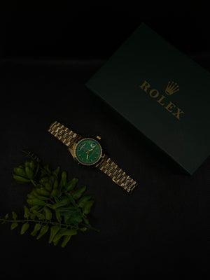 RLX GREEN DIAL DAY-DATE WATCH WITH GOLD STAINLESS CASE AND CHAIN