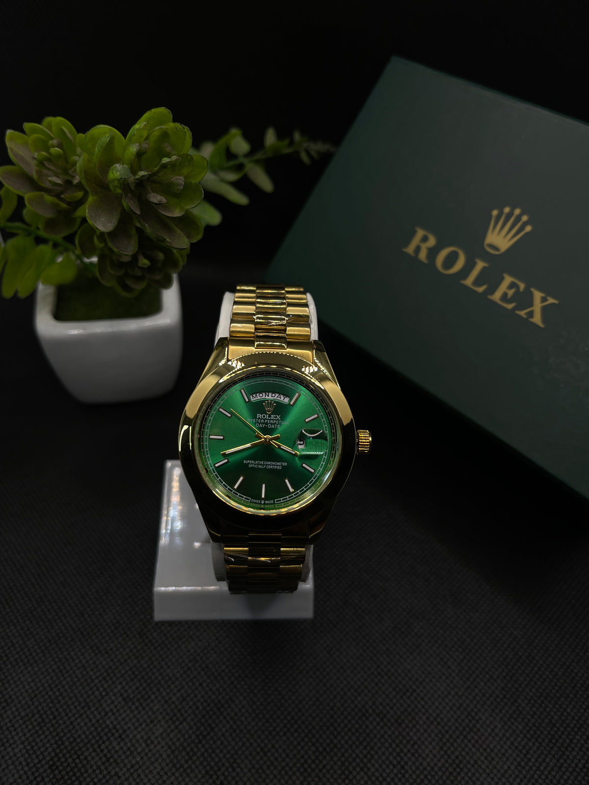 RLX GREEN DIAL DAY-DATE WATCH WITH GOLD STAINLESS CASE AND CHAIN