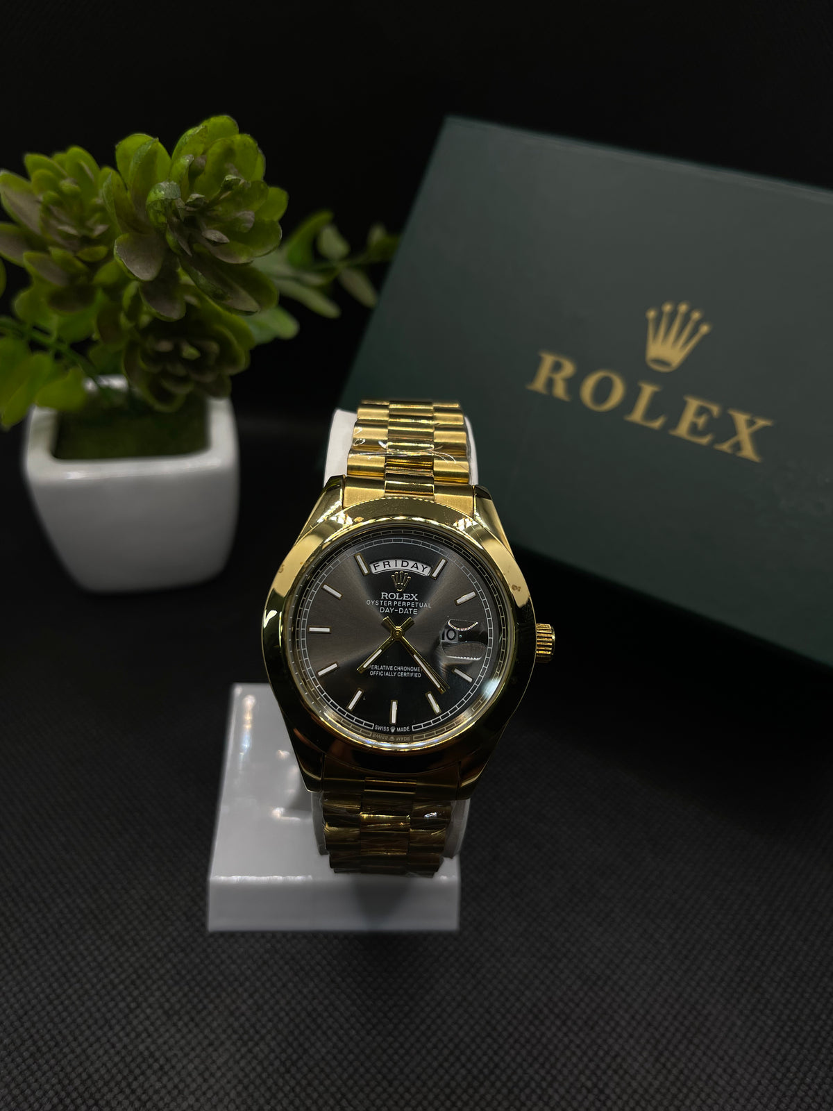 RLX BLACK DIAL DAY-DATE WATCH WITH GOLD STAINLESS CASE AND CHAIN