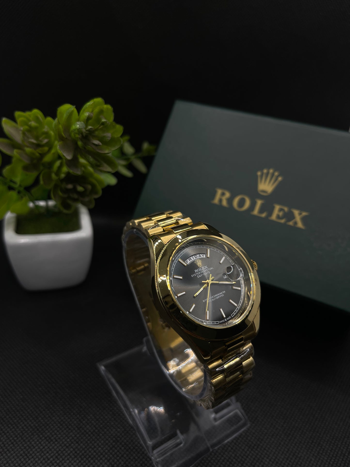 RLX BLACK DIAL DAY-DATE WATCH WITH GOLD STAINLESS CASE AND CHAIN