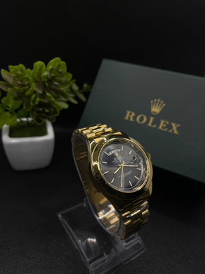 RLX BLACK DIAL DAY-DATE WATCH WITH GOLD STAINLESS CASE AND CHAIN