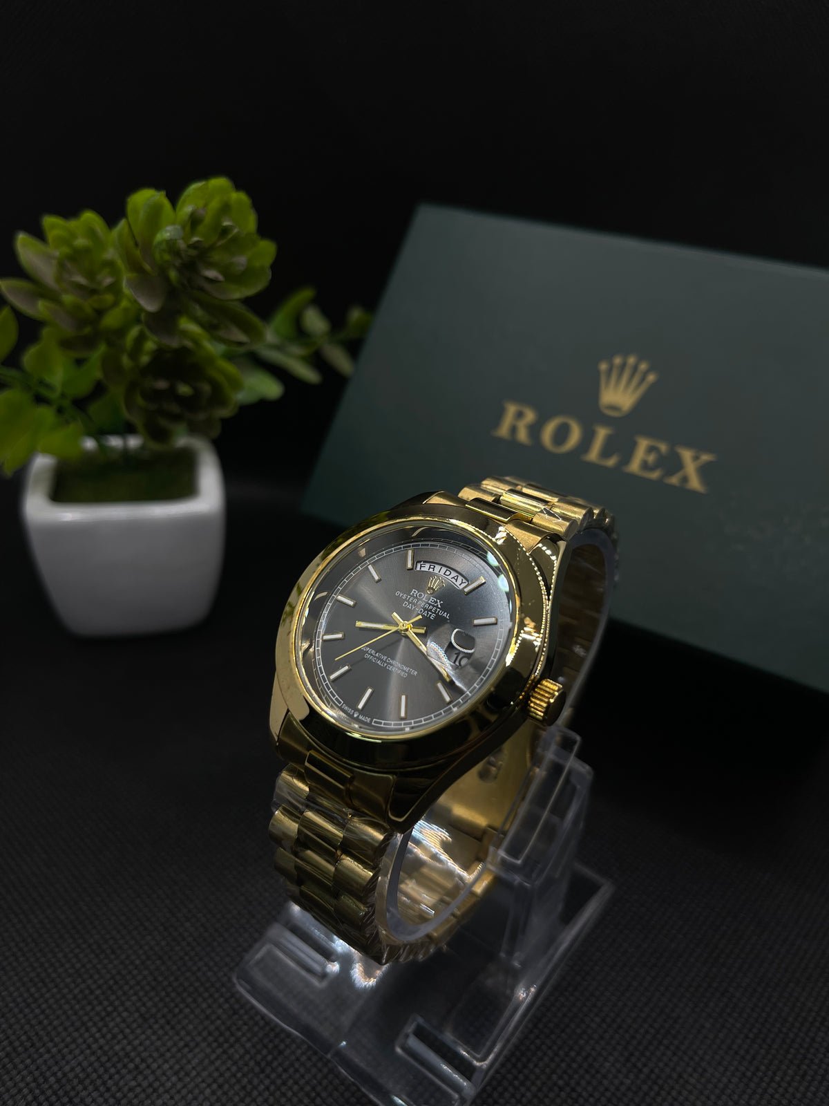 RLX BLACK DIAL DAY-DATE WATCH WITH GOLD STAINLESS CASE AND CHAIN