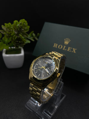 RLX BLACK DIAL DAY-DATE WATCH WITH GOLD STAINLESS CASE AND CHAIN