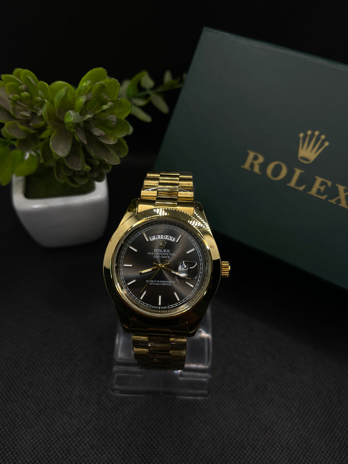 RLX BLACK DIAL DAY-DATE WATCH WITH GOLD STAINLESS CASE AND CHAIN
