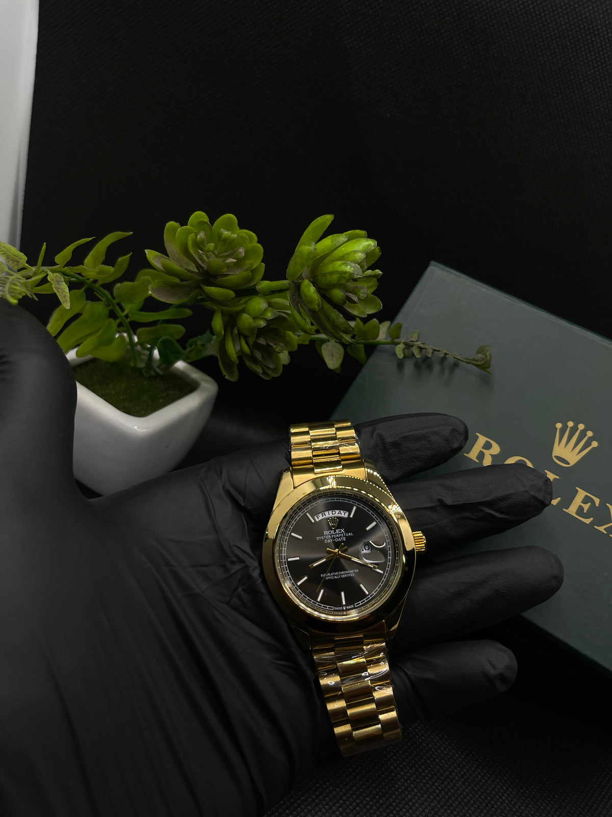 RLX BLACK DIAL DAY-DATE WATCH WITH GOLD STAINLESS CASE AND CHAIN