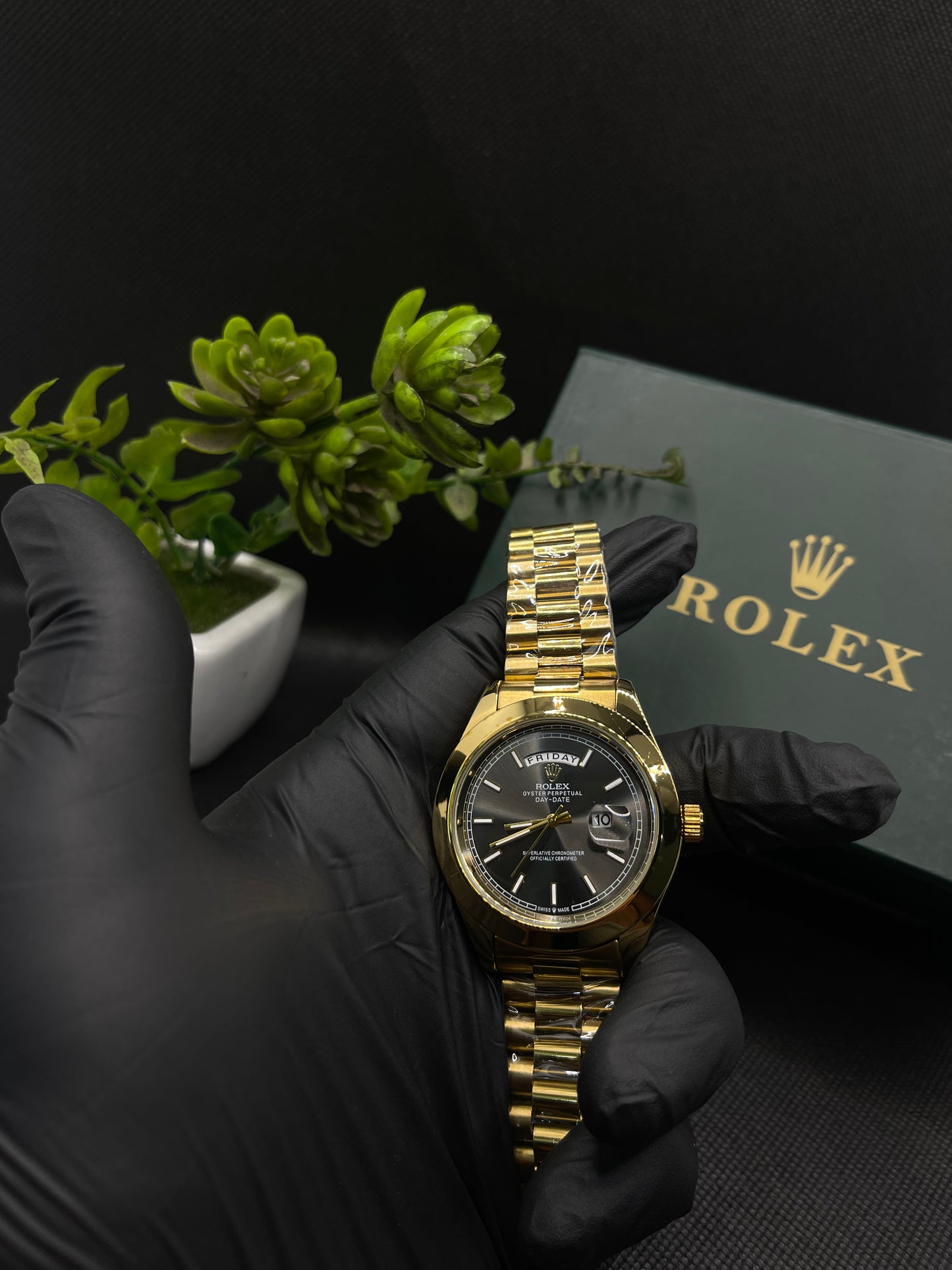 RLX BLACK DIAL DAY-DATE WATCH WITH GOLD STAINLESS CASE AND CHAIN