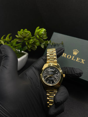 RLX BLACK DIAL DAY-DATE WATCH WITH GOLD STAINLESS CASE AND CHAIN
