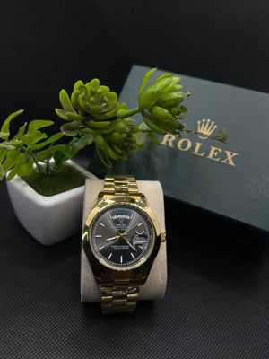 RLX BLACK DIAL DAY-DATE WATCH WITH GOLD STAINLESS CASE AND CHAIN