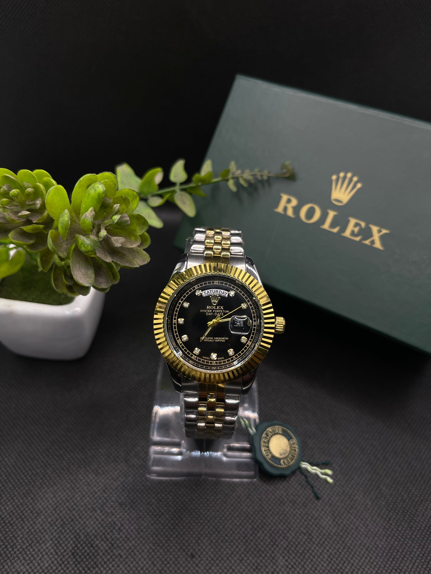 RLX BLACK DIAMOND DIAL DAY-DATE WATCH WITH STAINLESS STEEL CHAIN