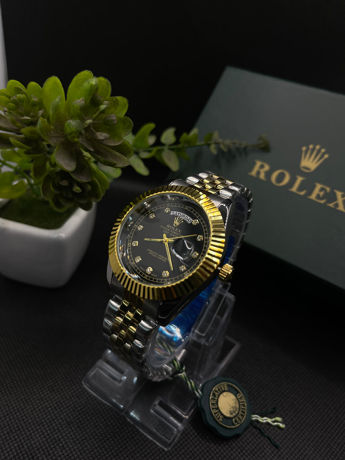 RLX BLACK DIAMOND DIAL DAY-DATE WATCH WITH STAINLESS STEEL CHAIN