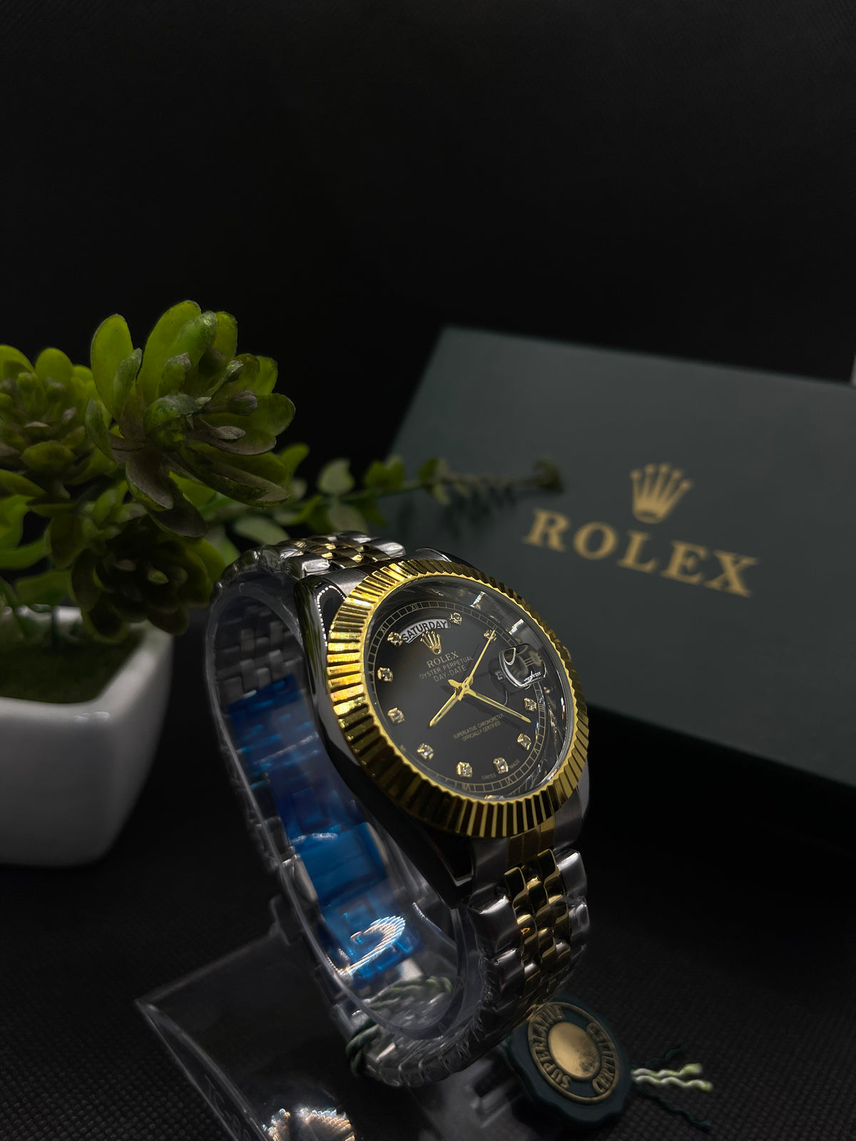 RLX BLACK DIAMOND DIAL DAY-DATE WATCH WITH STAINLESS STEEL CHAIN