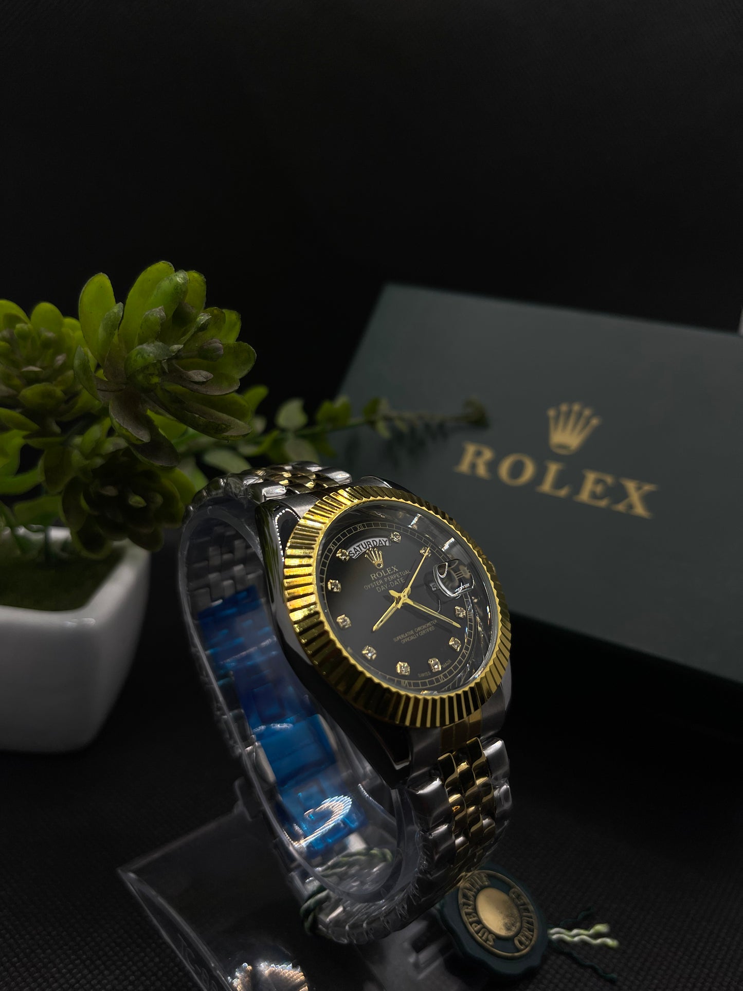 RLX BLACK DIAMOND DIAL DAY-DATE WATCH WITH STAINLESS STEEL CHAIN