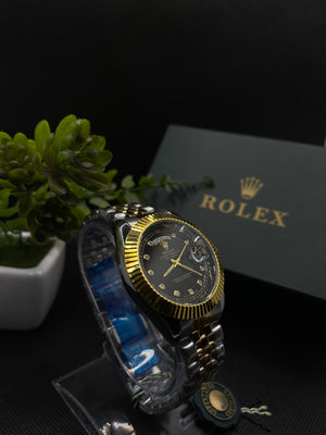 RLX BLACK DIAMOND DIAL DAY-DATE WATCH WITH STAINLESS STEEL CHAIN