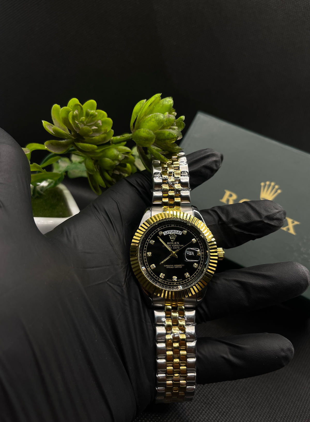 RLX BLACK DIAMOND DIAL DAY-DATE WATCH WITH STAINLESS STEEL CHAIN