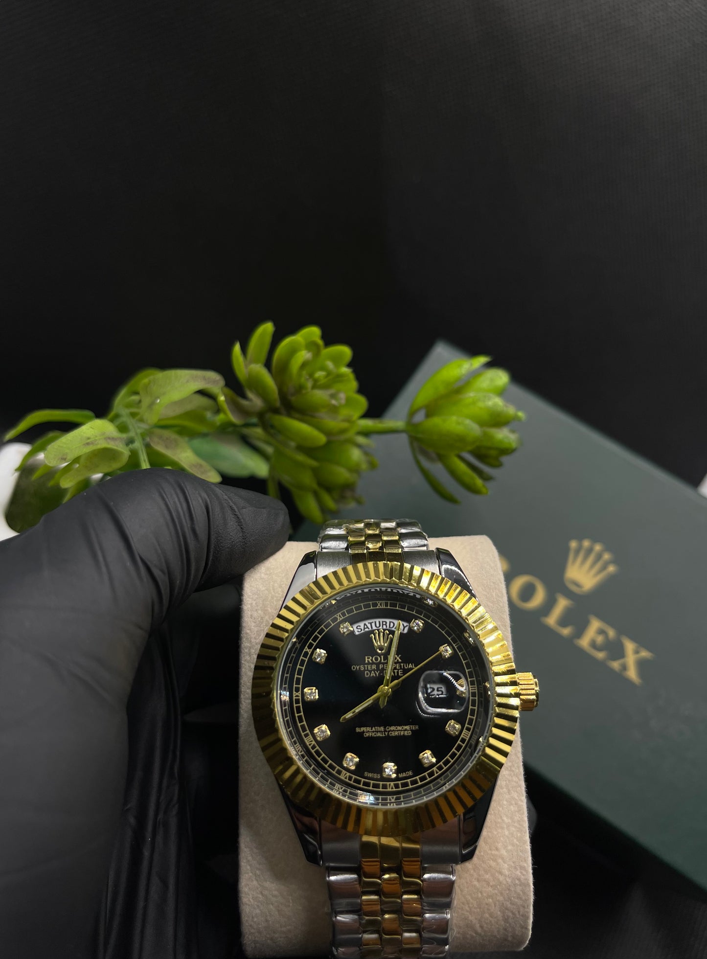 RLX BLACK DIAMOND DIAL DAY-DATE WATCH WITH STAINLESS STEEL CHAIN