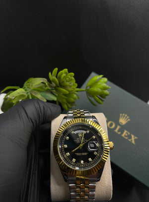 RLX BLACK DIAMOND DIAL DAY-DATE WATCH WITH STAINLESS STEEL CHAIN