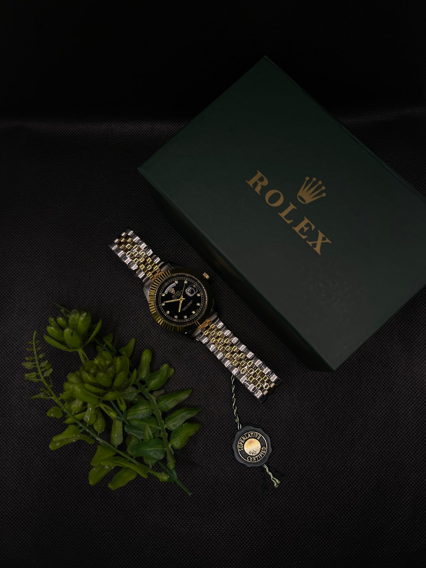 RLX BLACK DIAMOND DIAL DAY-DATE WATCH WITH STAINLESS STEEL CHAIN