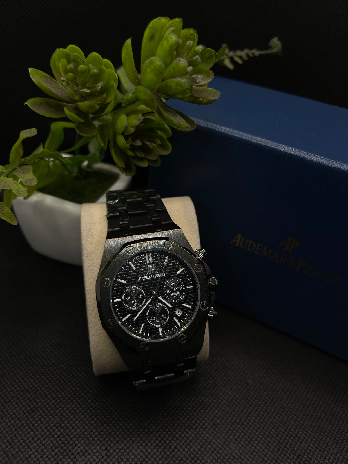 AP CHRONOGRAPH BLACK DIAL ROYAL OAK WATCH WITH INTEGRATED CHAIN