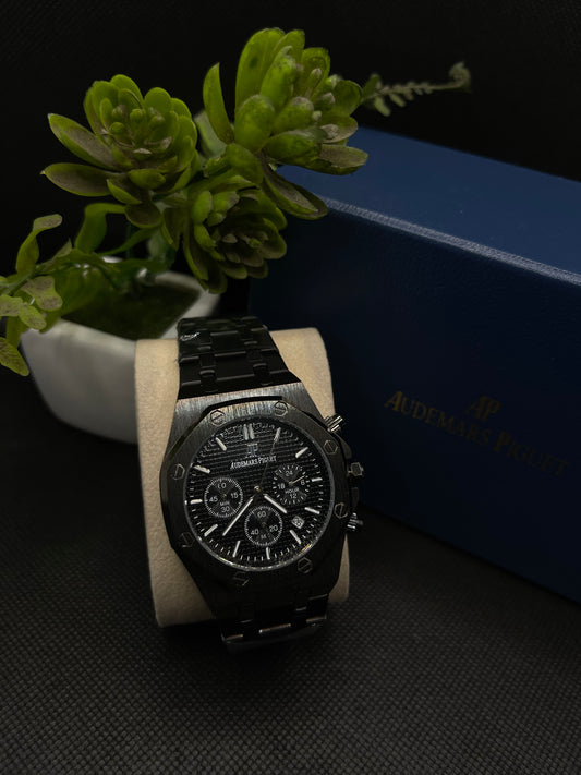 AP CHRONOGRAPH BLACK DIAL ROYAL OAK WATCH WITH INTEGRATED CHAIN