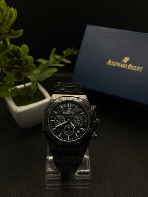 AP CHRONOGRAPH BLACK DIAL ROYAL OAK WATCH WITH INTEGRATED CHAIN